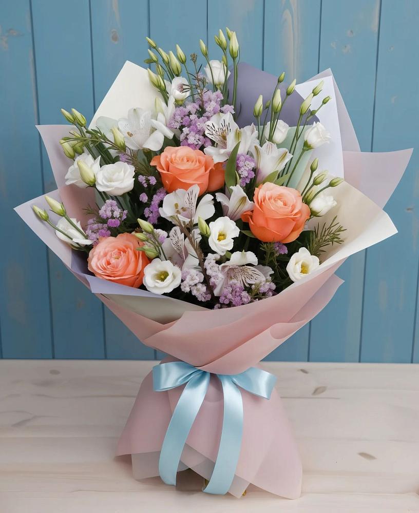 Букет цветов из: Лизиантусы, Розы, Альстромерии и Гипсофила в Качалино