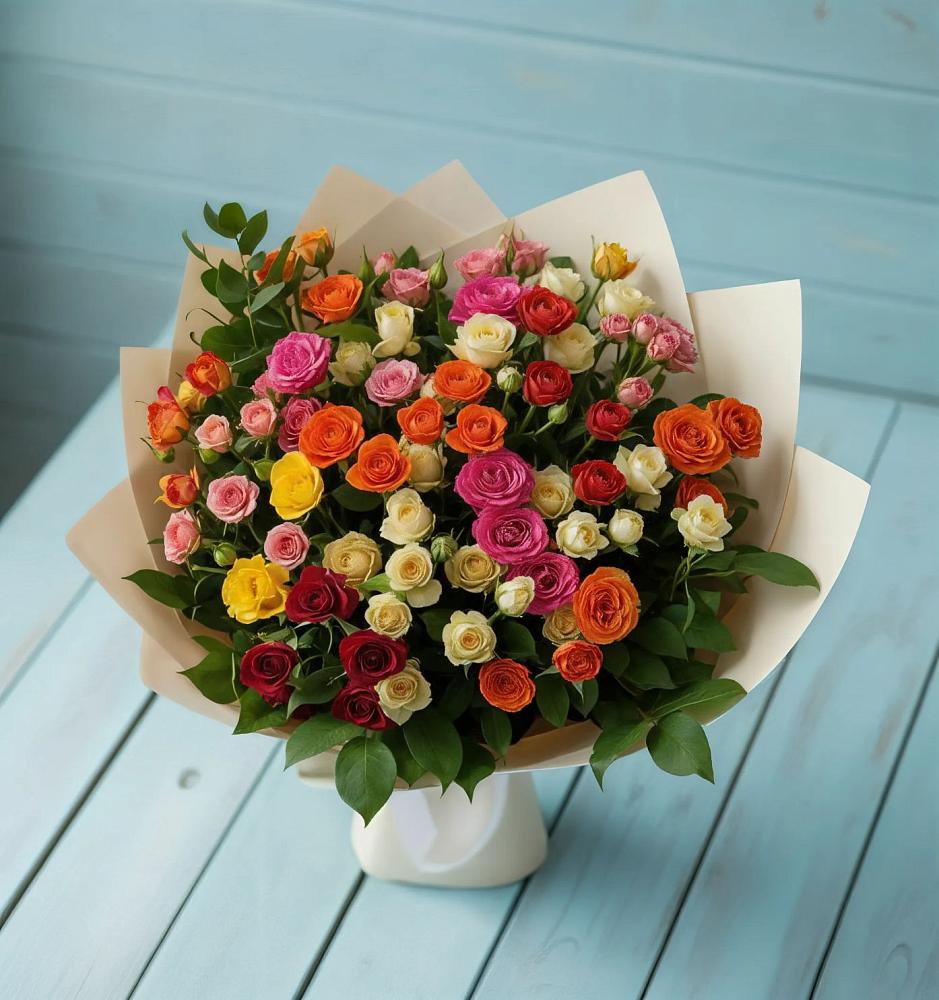 Букет Микс из разноцветных кустовых роз в Качалино