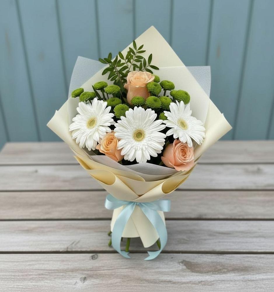 Букет цветов из: Герберы, Розы и Хризантемы в Качалино