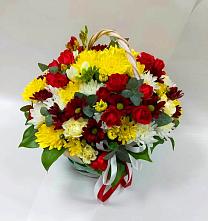 Цветочная композиция из Хризантемы и Розы в корзине в Качалино
