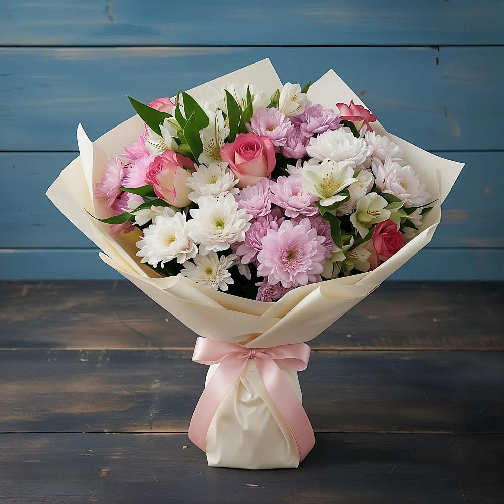 Букет цветов из: Хризантемы, Альстромерии и Розы в Качалино